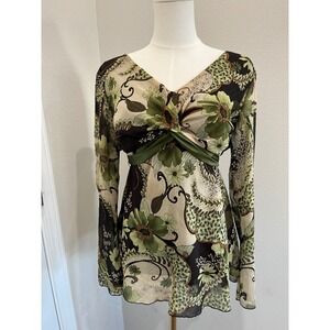 Y2K Dressbarn Floral Print V Neck Twist Front Long Sleeve Blouse Top Womens L
